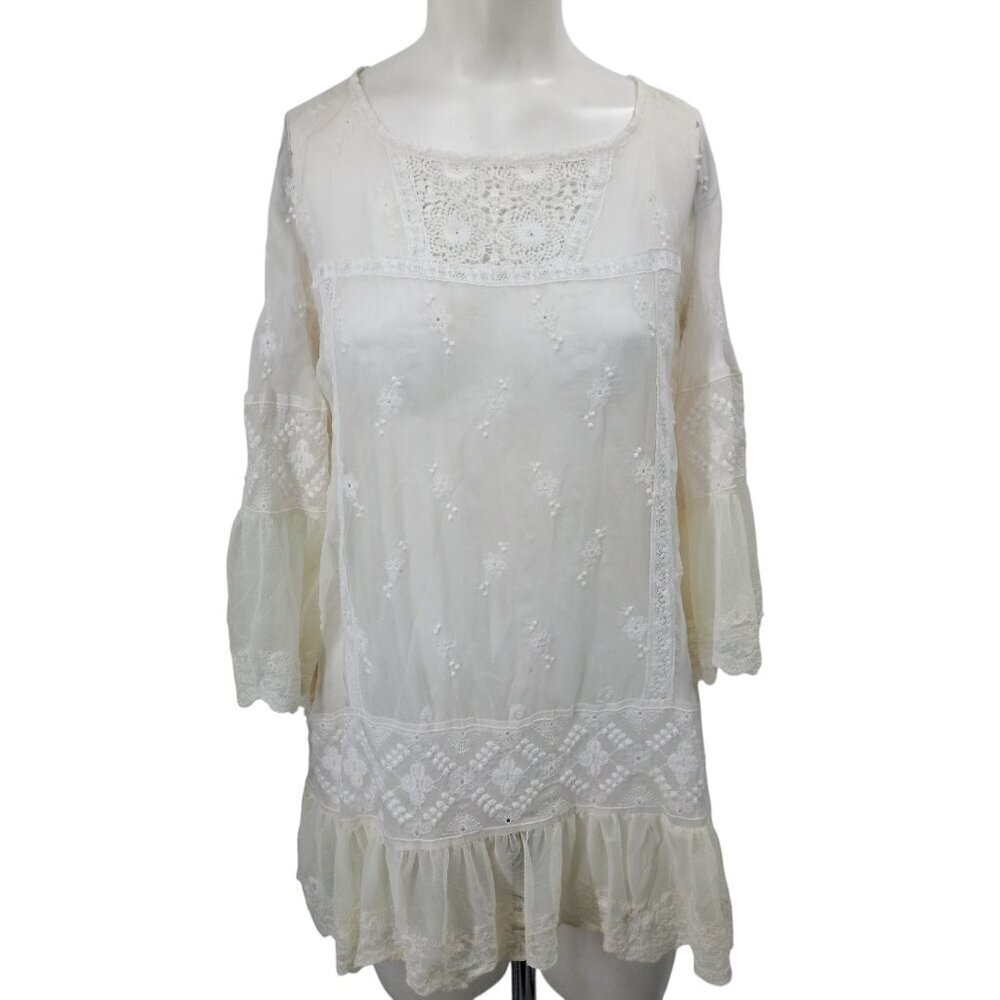 4 Love and  Liberty Johnny Was Lace Ivory Tunic Blouse Size XS Sheer Flowy Fairy